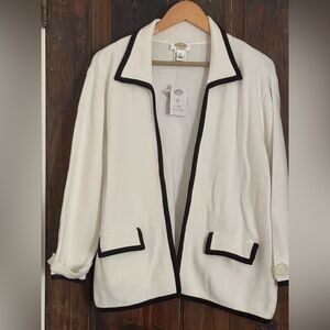 NWT Imperfect Talbots White Brown Trim Open Front Cotton Knit Blazer 1X